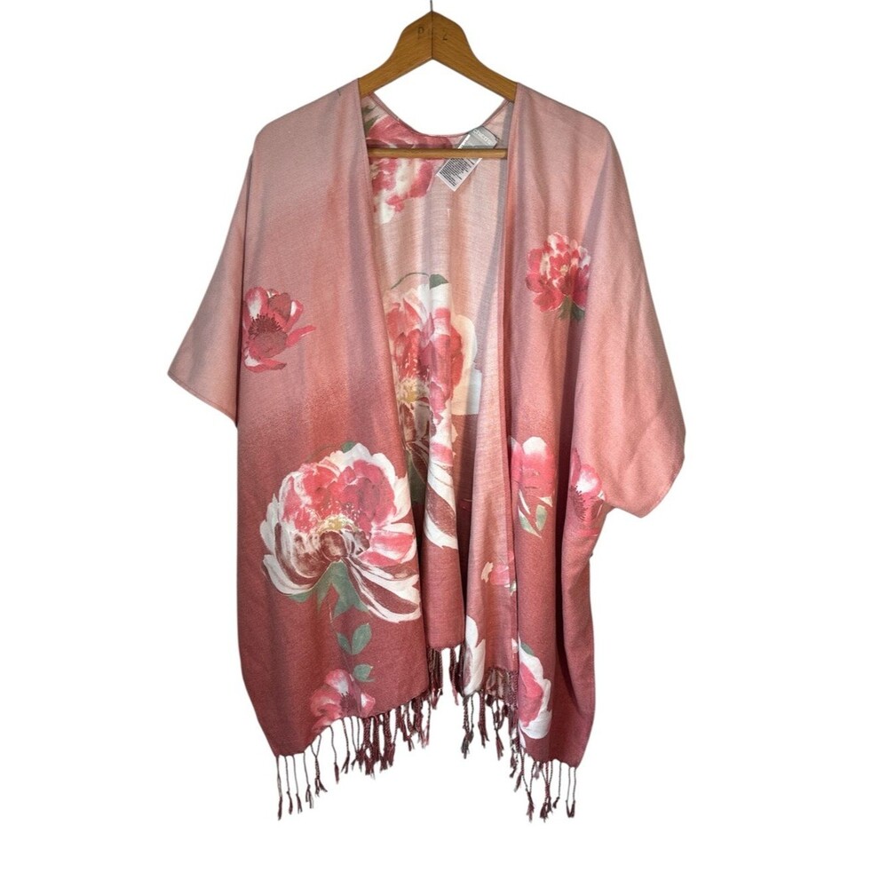 Chico’s Pink Floral Fringe Cape Poncho Kimono One Size Boho Cottage Garden